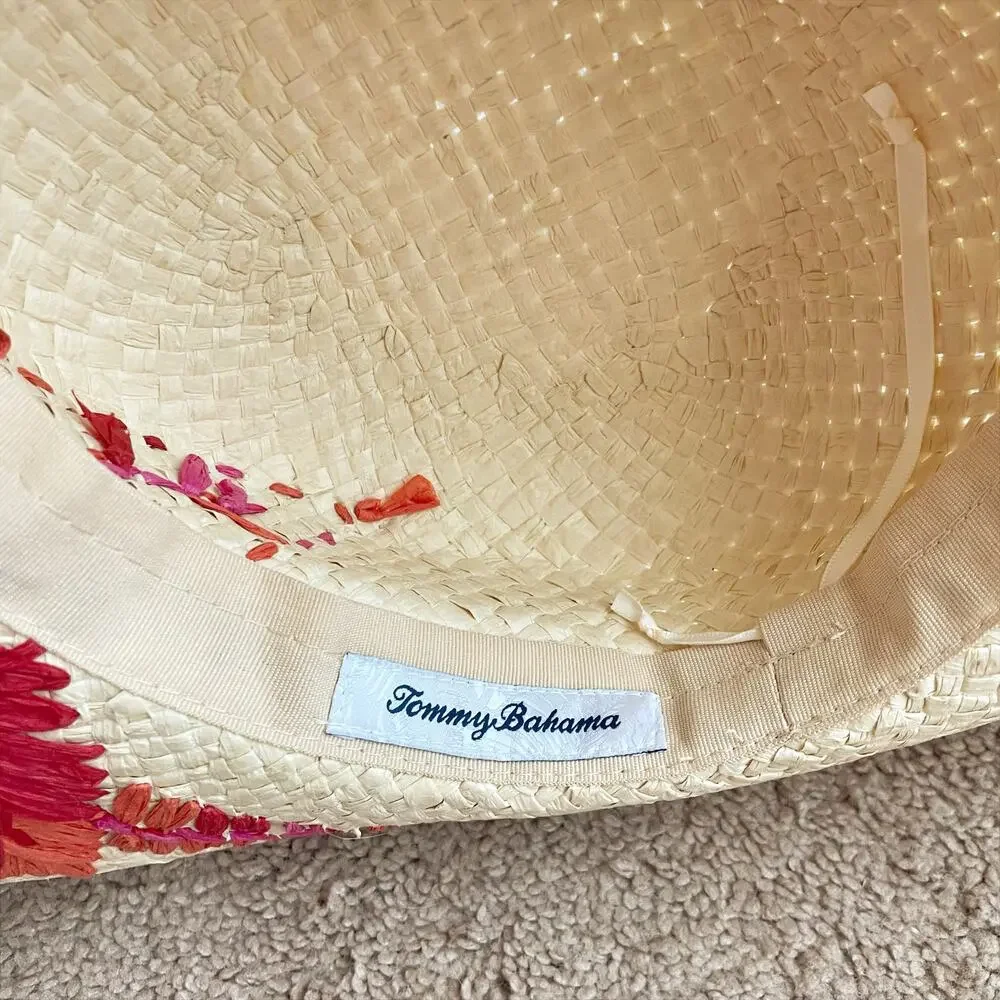 TOMMY BAHAMA Wide Straw Sun Hat w/ Paper Floral Design & Brass Pineapple Pin